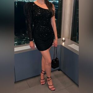 Sherri Hill Black Feather cocktail dress 
One Shoulder